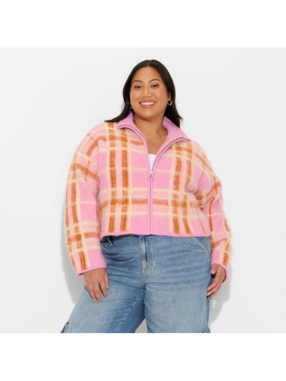 wild fable Pink & Orange Plaid Teddy Zip Jacket